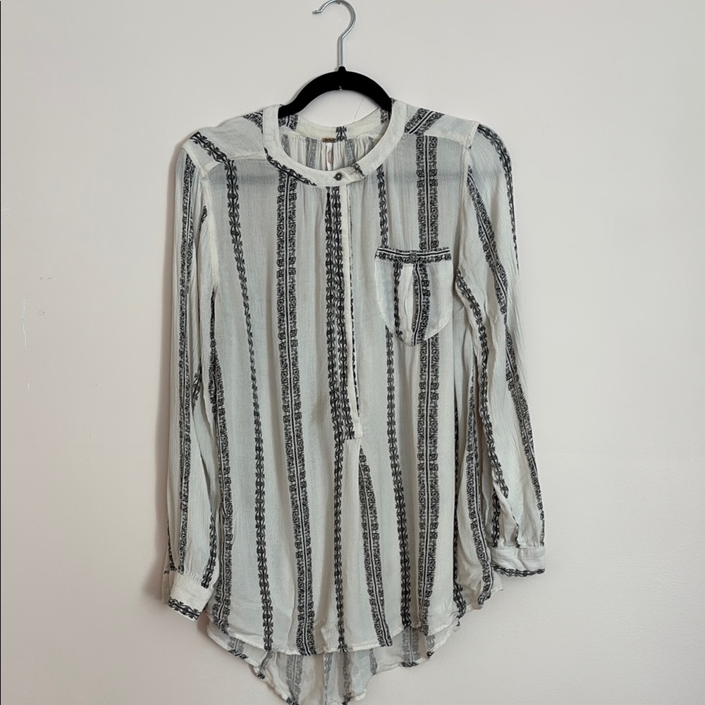 Free People- Sheer Striped Long Sleeve Blouse – Boho Button Down Size S-L